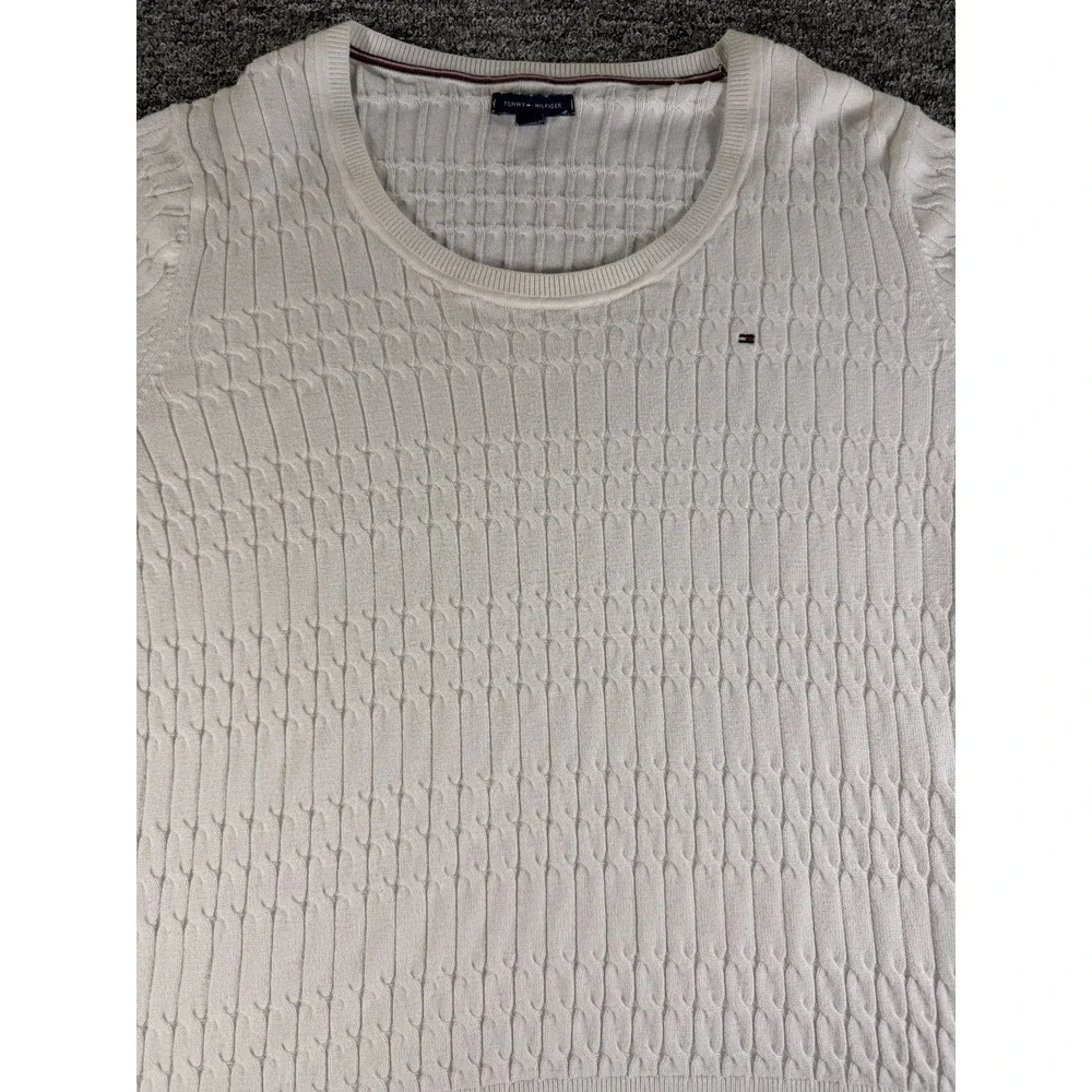 Tommy Hilfiger Sweater Womens XL White Logo Cable Knit Ribbed Hem Round Neck